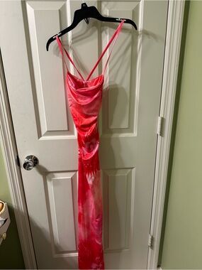 SHEIN Pink Tie-Dye Satin Cowl Neck Slip Dress